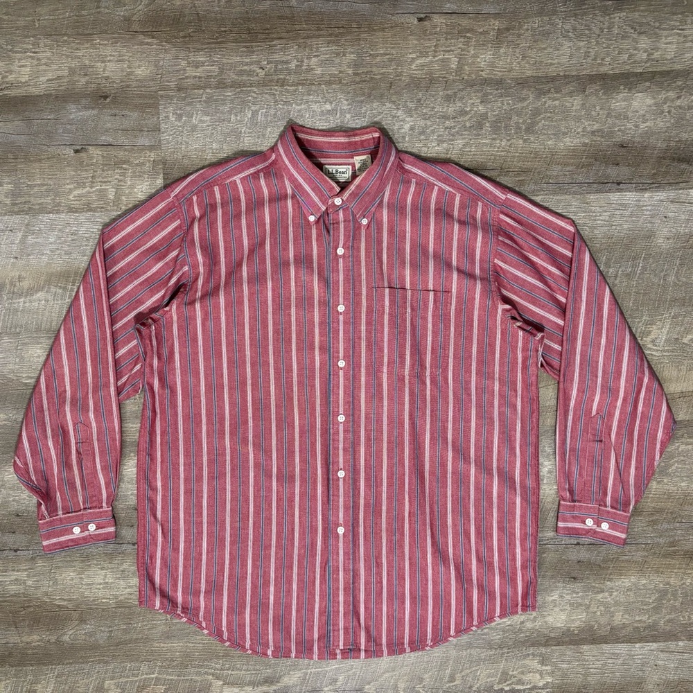 L.L. Bean Striped Oversized Button Up Shirt Men's L Red Blue 90s Casual